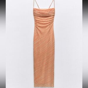 Zara Draped Printed Tulle Peach and Orange Dress